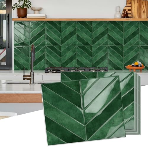 10-Sheet Herringbone Peel and Stick Backsplash Tiles, Green - color: Green