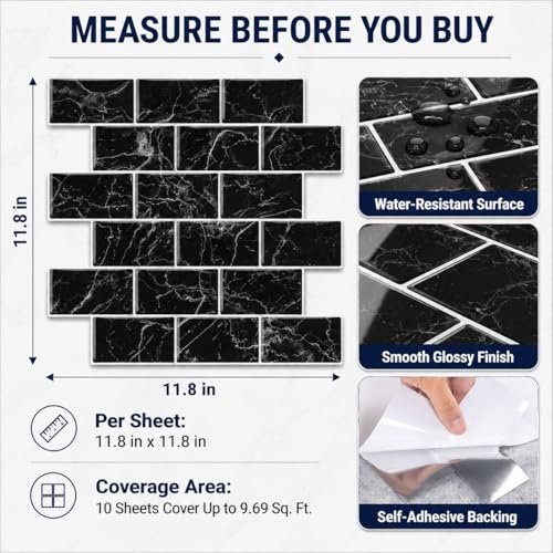 Peel and Stick Backsplash for Kitchen, Black - color: Black