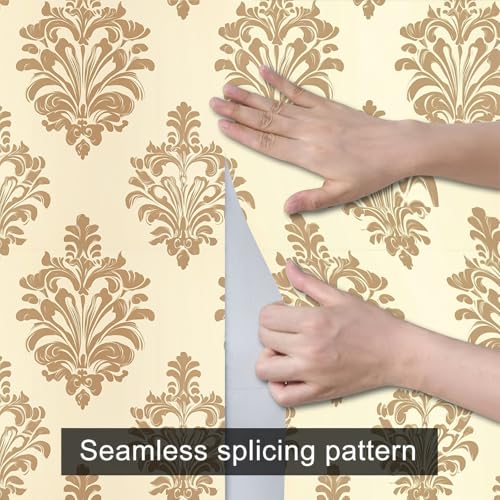 HOMETITUTE Beige Gold Damask Peel Stick Wallpaper 118.1x17.7 Inch Vinyl - color: Gold Damask on Beige Background