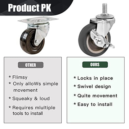 Caster Wheels, 3 Inch Stem Casters Set of 4, Heavy Duty Swivel Wheel with Brake, Metric Size M10-1.5-25 (Screw Diameter 10mm, Screw Length 25mm) Casters for Workbench Trolley, Furniture Dolly - style: M10-25