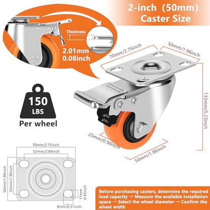 2" Caster Wheels - Heavy Duty Swivel Casters Set 4 w/Dual Locking - size: 2 inch