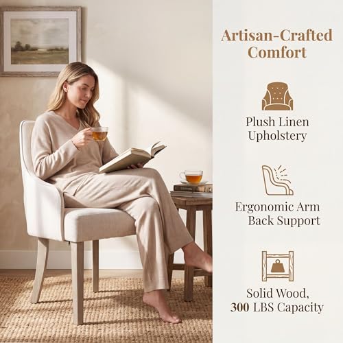chairus Farmhouse Dining Chairs Set of 4 with Arms, Upholstered Linen Fabric Kitchen & Dining Room Chairs, Curved Open Back Chairs with Solid Wood Legs & Thick Cushion for Dining/Living Room, Cream - color: Cream