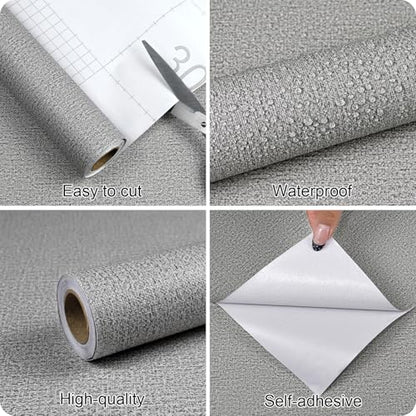 Grasscloth Peel and Stick Wallpaper Gray Textured Contact Paper, set of 17.3 x 480 Inches Removable Wallpaper for Bedroom, Countertop, Classroom, Cabinet and Drawer, Renter Friendly Wall Paper - color: Gray, size: 17.3" x 480"
