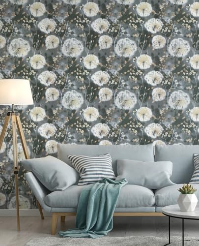 Nukofal Dandelion Wallpaper Peel and Stick Floral Wallpaper 16.9"x118.1" - color: Dark Gray, size: 16.9" x 118.1"