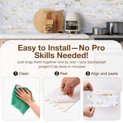 Peel and Stick Backsplash Tile Waterproof Removable PVC Wall Sticker 3D Faux Stone Marble Brick White Accent Panels (American Walnut - Metal Gold, 40 Tiles - 18 sq. ft. (1.68 m²)) - color: American Walnut - Metal Gold, size: 40 Tiles - 18 sq. ft. (1.68 m²