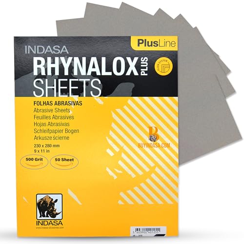 Indasa 50 PCS 9x11 Sandpaper Rhynalox Plusline - 500 Grit Dry Sanding Sheets, Professional-Grade Abrasive for Wood, Metal, Automotive, and Paint Finishing - Durable, Clog-Resistant Sand Paper - size: 500 GRIT 9x11" Rhynalox