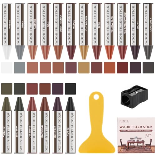 DEWEL Wood Filler Sticks, 18 Colors Wood Crayons for Scratches, Wood Floor Repair Wax Filler Sticks, Furniture Scratch Repair Crayons Kit for Wood Holes, Scratches, Table