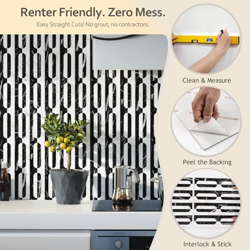 STICKGOO Peel and Stick Backsplash Tiles, 12 x 12 in, White/Black Slate - color: Marble Black+Pure White