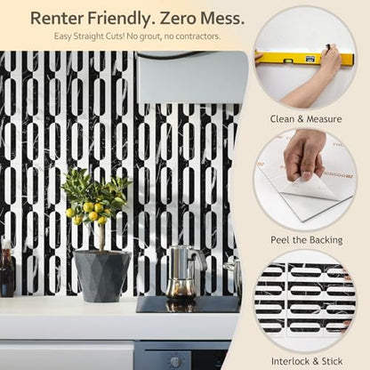 STICKGOO Peel and Stick Backsplash Tiles, 12 x 12 in, White/Black Slate - color: Marble Black+Pure White
