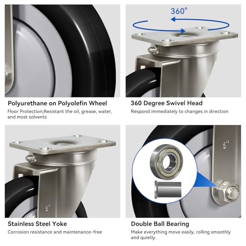 5" Stainless Steel Casters Set of 4 Heavy Duty, Swivel Industrial Caster Wheels, Anti-Corrosion Rust-Proof Plate Polyurethane Casters for Hospitals Food Labs (4 Swivel) - style: 4 Swivel