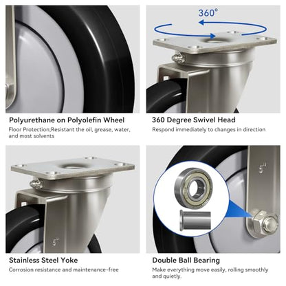 5" Stainless Steel Casters Set of 4 Heavy Duty, Swivel Industrial Caster Wheels, Anti-Corrosion Rust-Proof Plate Polyurethane Casters for Hospitals Food Labs (4 Swivel) - style: 4 Swivel