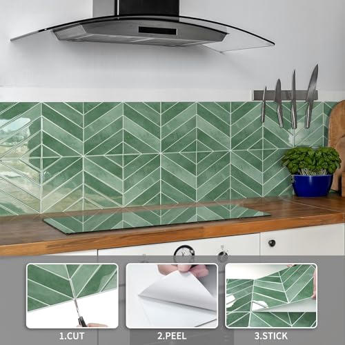 10-Sheet Herringbone Peel and Stick Backsplash Tiles for Kitchen, 3D Marble Look Self Adhesive Stick on Back Splashes Wall Tiles for Bathroom 11.5"x9" Light Green - color: Light Green