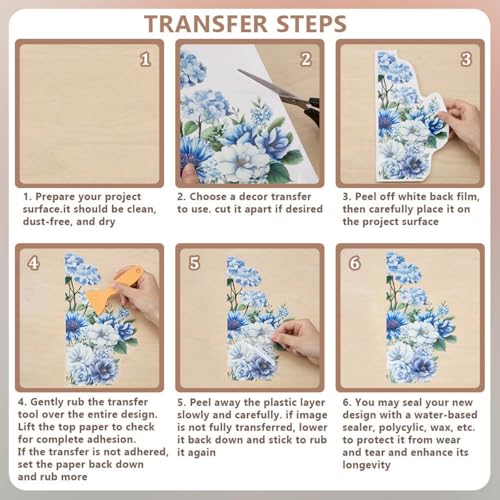 OLYCRAFT 3pcs/Set Blue Flowers Rub on Transfers for Furniture and Crafts 6x12 inch Hydrangea Hummingbird Furniture Decals Chrysanthemums Transfer Stickers Rub on Decals for Wood Home Decor - style: Blue Flower