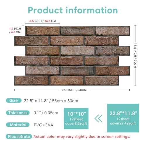 Commomy Faux Brick 3D Wall Panels - Not Real Brick 12 pcs of 22.8" x 11.8" - color: ‎Large Brick-O