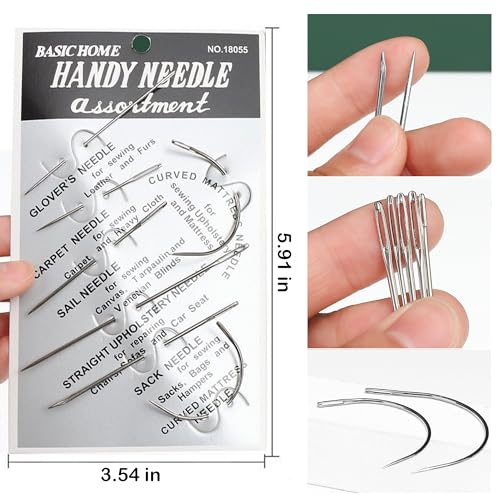 Pikdmin 21+3 Pcs Heavy Duty Hand Sewing Needles Kit, 15 Leather Hand Sewing Needle 6 Curved Needle and 3 pcs Needle threaders for Home Upholstery,Leather Needles for Hand Sewing,Carpet Canvas Repair - size: 21PCS&7SIZE