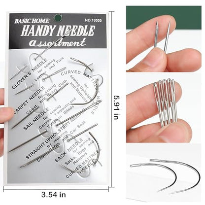 Pikdmin 21+3 Pcs Heavy Duty Hand Sewing Needles Kit, 15 Leather Hand Sewing Needle 6 Curved Needle and 3 pcs Needle threaders for Home Upholstery,Leather Needles for Hand Sewing,Carpet Canvas Repair - size: 21PCS&7SIZE