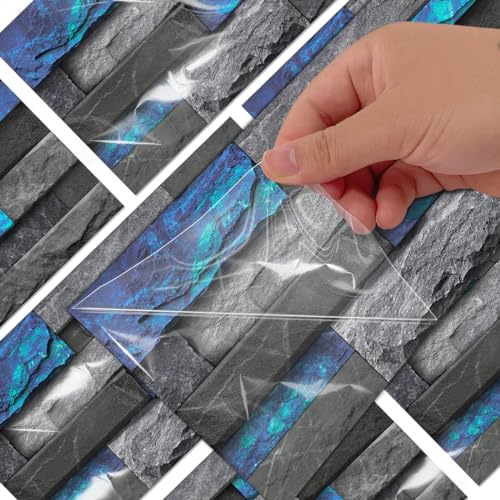 Alwayspon 24Pcs 12x6inch Peel&Stick Wall Sticker Vinly Wallpaper, Waterproof Backsplash for Kitchen Bathroom, Self-Adhesive Tile Transfers Decal Stick on Tiles with Blue Stone Brick Effect - color: Fg-l07, size: 24 Pcs