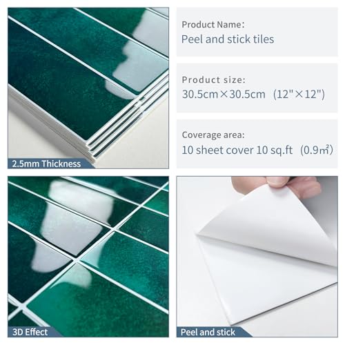 Green Backsplash Tile Peel and Stick for Kitchen Wall Subway10-Sheet - color: Dark Green