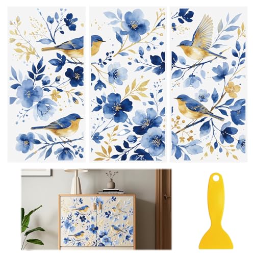 Rub On Transfers for Crafts, 3pcs Vintage Branches and Birds Transfers UV DTF Stickers Waterproof Decals Furniture for Wood Door Window DIY Home Decor - color: Blue Branches and Birds