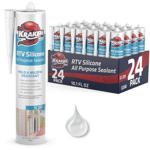 Kraken Bond RTV Silicone Sealant Clear (24 x 10.1 fl.oz.)%100 Waterproof Silicone Caulk Kitchen and Bathroom, All Purpose, Window Caulking Sealant Outdoor, RV, 24 Pack - size: 24 Pack