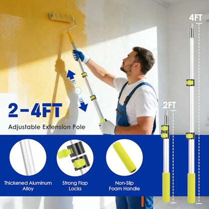 Navatiee 32PCS Paint Roller Kit with 2-4ft Extension Pole, 9" & 4" Roller Covers, Paint Brushes, Tray Liners & Tape, Professional House Painting Supplies for Walls, Ceilings & Cabinets