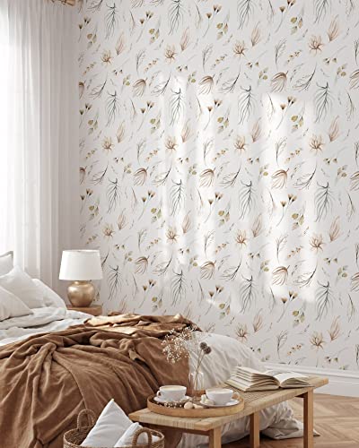 Modern Botanical Wallpaper | Removable Self Adhesive Watercolor Wallpaper | Neutral Floral Peel and Stick (Sample 12" W x 8" H) - size: 12" x 8"