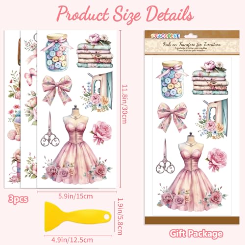 Peacoblue Pink Flowers, Sewing Rub On Transfers for Furniture Craft 6"x12" - style: Pink Flowers and Sewing