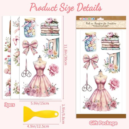 Peacoblue Pink Flowers, Sewing Rub On Transfers for Furniture Craft 6"x12" - style: Pink Flowers and Sewing