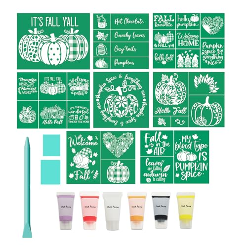 17 Pcs Fall Silk Screen Stencils Chalk Paste Paint, 8pcs Halloween Fall Adhesive Stencils Silk Screen Transfers, 6pcs 0.34oz/10ml Stencil Paint on Wood Shirts Holiday Halloween Home Decorations - color: 17pcs Fall Screen Printing kit