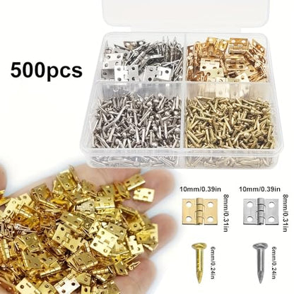 500Pcs Small Brass Antique Mini Hinges, Stainless Steel Folding Butt Miniature Hinges with Screws and Screwdriver for DIY Crafts Jewelry Box Cabinet