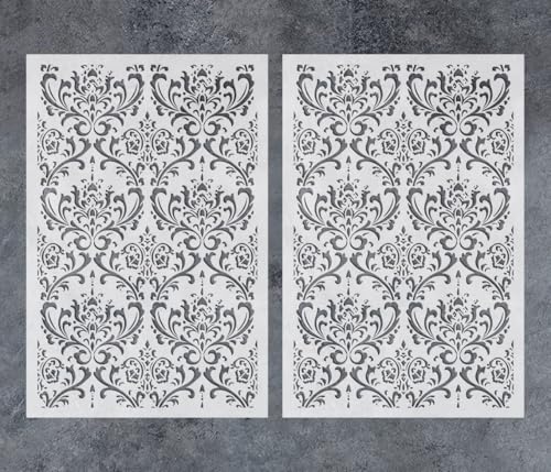 GSS Designs Damask Wall Stencil for Painting 2 Pack of 16x24Inch Wall Stencil DIY Home Decor Stencils Paint Stencil for Walls Furniture Floors Fabric Crafts - style: 2 Pack of Damask 16''x24''