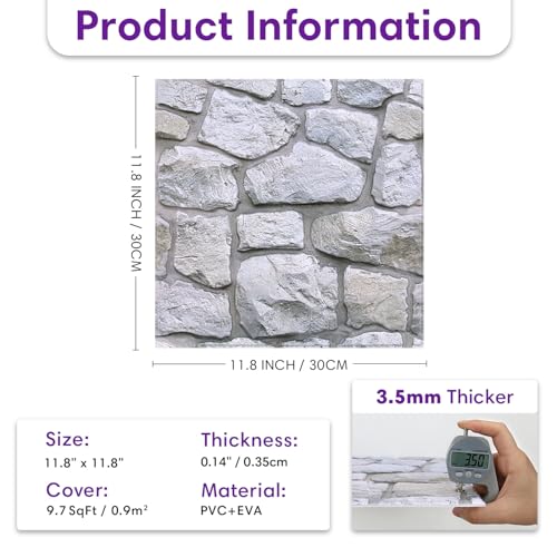 3D Peel and Stick Faux Stone Wall Panels 11.8" x 11.8" 10-Pack - color: Stone-SM-A