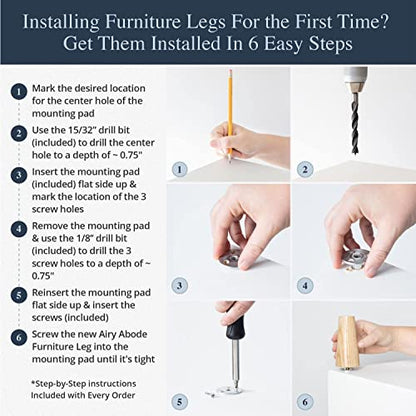 Airy Abode Premium Ash Wood Furniture Legs (Full Install Kit) - Pick Your Size and Color - color: Ash, size: 6 Inches