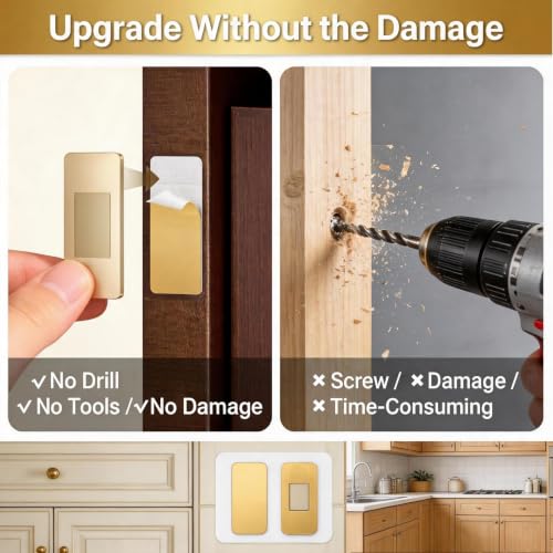 6 Pairs Gold Magnetic Cabinet Door Catch - No Drill Adhesive Kitchen Cupboard Magnets, Ultra-Thin Rustproof Gold-Plated Latches for Drawers, Closets & RV Storage