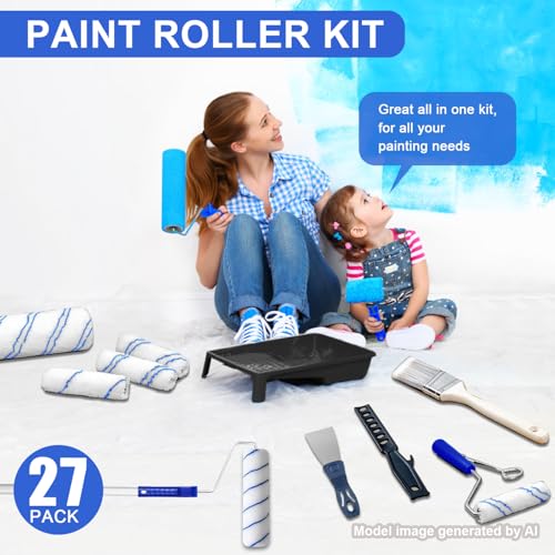 27 PCS Paint Roller Kit with Extension Pole, 4" & 9" Paint Rollers, Professional Paint Brushes for Walls Set, House Painting Supplies, Non-Slip Tray for All Latex and Oil Paints & Stains