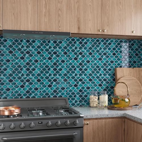 CRE8TIVE 4 Sheets Teal Green Fish Scale Peel and Stick Backsplash for Kitchen Bathroom Tiles Peel and Stick Waterproof Shower Tile Adhesive Backsplash Shell Stick on Wall Tile for Laundry Room 12"x12" - size: 12"x12" (4-Sheets)
