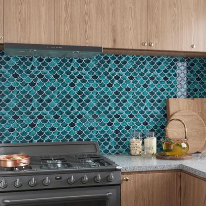 CRE8TIVE 4 Sheets Teal Green Fish Scale Peel and Stick Backsplash for Kitchen Bathroom Tiles Peel and Stick Waterproof Shower Tile Adhesive Backsplash Shell Stick on Wall Tile for Laundry Room 12"x12" - size: 12"x12" (4-Sheets)