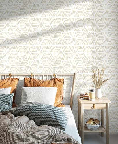 Peel and Stick Wallpaper Boho Wallpaper Geometric Beige and White Contact Paper Modern Striped Self-Adhesive Removable Wall Paper for Bedroom Cabinets Drawers Vinyl Roll 17.3" x 78.7" - color: Beige && White, size: 17.3" x 78.7"