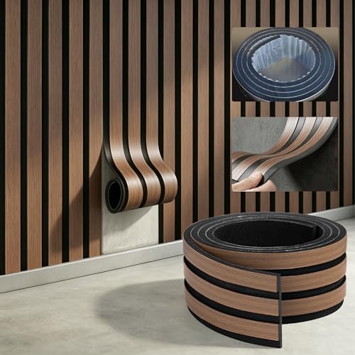 KASARO 5 Pieces Faux Wood Slat Wall Panel, Peel and Stick EVA Decor, Brown - color: Brown