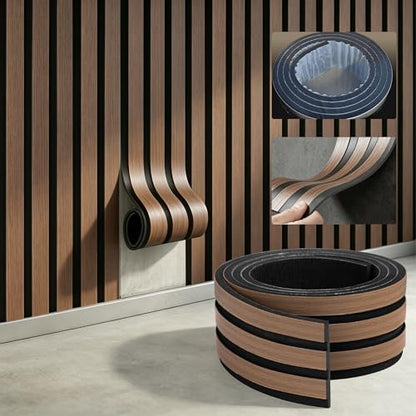 KASARO 5 Pieces Faux Wood Slat Wall Panel, Peel and Stick EVA Decor, Brown - color: Brown
