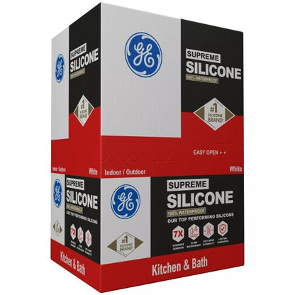 GE Supreme Silicone Caulk for Kitchen & Bathroom, White, 10 fl oz Cartridge, 12 Pack - 100% Waterproof Silicone Sealant, 7X Stronger Adhesion, Shrink & Crack Proof - color: White, size: Pack of 12