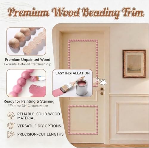 25 Pcs 15.75 Inch Unfinished Half Wood Bead Trim, 393.7 Inch Total Length, 18mm Wide 3D Pearl Molding Includes a 1.5M Tape Measure for DIY Home Wall Cabinet Shelf Window Door Decoration