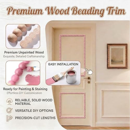 25 Pcs 15.75 Inch Unfinished Half Wood Bead Trim, 393.7 Inch Total Length, 18mm Wide 3D Pearl Molding Includes a 1.5M Tape Measure for DIY Home Wall Cabinet Shelf Window Door Decoration