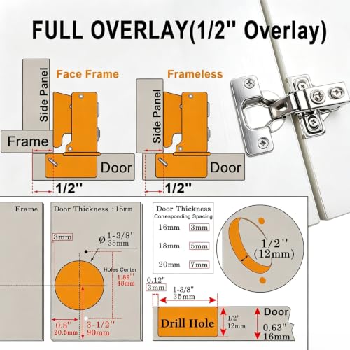 BESTEEL 24 Pack 1/2 inch Overlay Soft Close Cabinet Door Hinges for Kitchen Cabinet Hinges, 100 Degree Opening Angel, Stainless Concealed Kitchen Cabinets Hinge Self Closing with Drilling Tool &Manual - size: 24 PCS