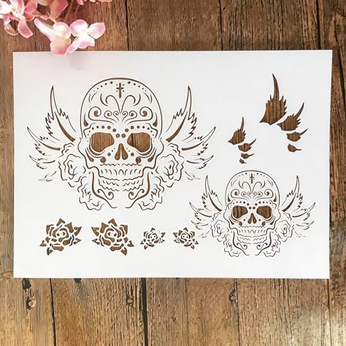 TIAMECH A4 Reusable Flying Skull Wings Stencil for Painting - style: Flying Skull Wings
