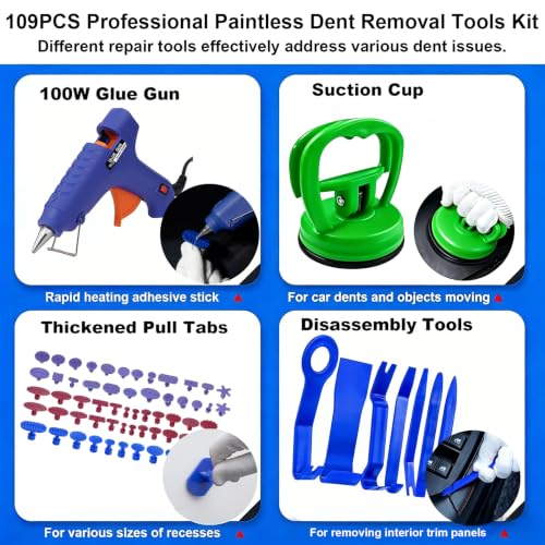 109PCS Dent Removal Kit with T-Bar Slide Hammer & Bridge Puller for Cars - size: Dent Puller Kit-109 Pack