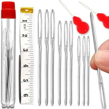 9 Pcs/3 Sizes Large-Eye Blunt Needles, Double Flexible Tape Measure, Steel Yarn Needle with Needle Threader, Tapestry Needle for Sewing Crochet Knitting Embroidery(Silver 2.08in/2.36in/2.76in) - size: 3 sizes/9+1 pcs