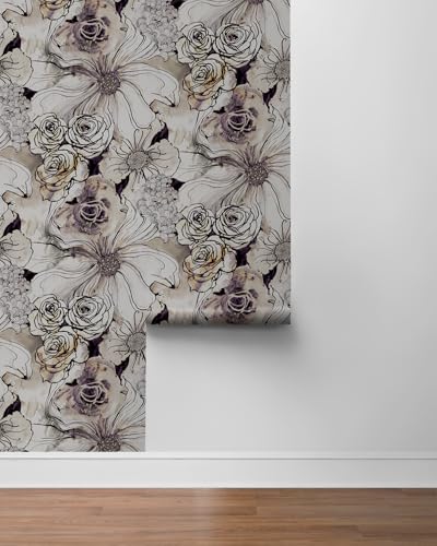 NextWall Harry & Grace Ink Rose Abstract Floral Peel and Stick Wallpaper (Metallic Silver & Plum) - color: Metallic Silver & Plum