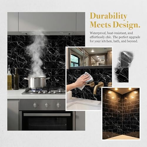 32 Sheets Nero Marquina Black Marble Peel and Stick Tile 4"x8" - color: Nero Marquina Black Marble, size: 32 Pcs 4" x 8" x 0.07"