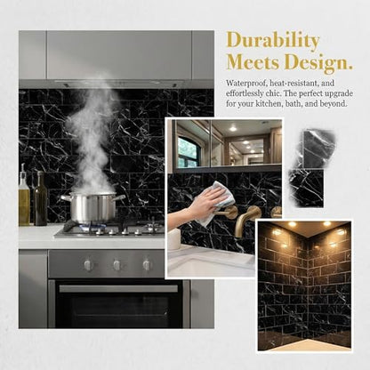 4 Sheets Nero Marquina Black Marble Peel and Stick Tile 4"x8" - color: Nero Marquina Black Marble, size: 4 Pcs 4" x 8" x 0.07"